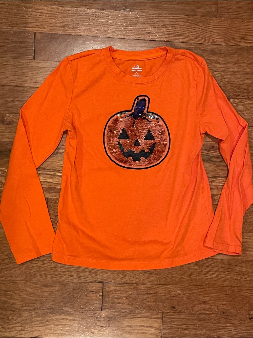 Kids Orange Long-Sleeve Halloween Pumpkin Sequin Top- medium- 8